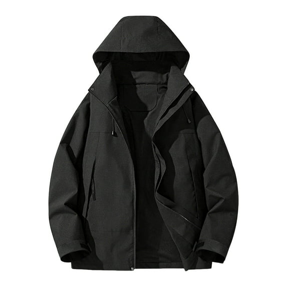 WTOBBY Men's Colorblock Outdoor Jacket, Unisex Loose Fit Hiking Camping Rain Coat, Windproof Water Resistant Mountaineering Jacket with Hood for Trekking Travel,Black XL