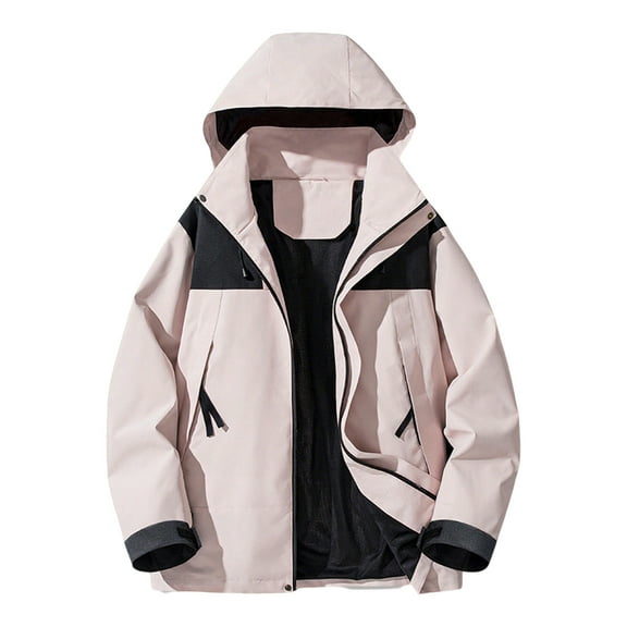WTOBBY Men's Colorblock Outdoor Jacket, Unisex Loose Fit Hiking Camping Rain Coat, Windproof Water Resistant Mountaineering Jacket with Hood for Trekking Travel,Pink M