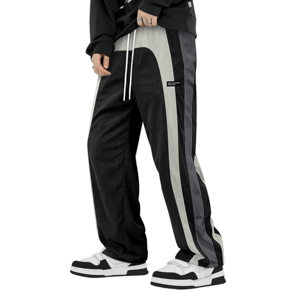 WTOBBY Men's Colorblock Striped Corduroy Trousers Casual Fashion Pants for Daily Wear Comfortable Relaxed Fit Men's Lounge Pants,Black M