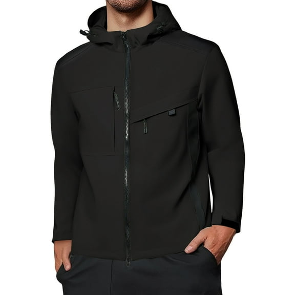 WTOBBY Men's Colorblock Waterproof Windbreaker Jacket for Outdoor - Hooded with Zip-Up, Multi-Pockets,Ideal for Hiking, Wind Protection, and Stylish Casual Wear,Black XL