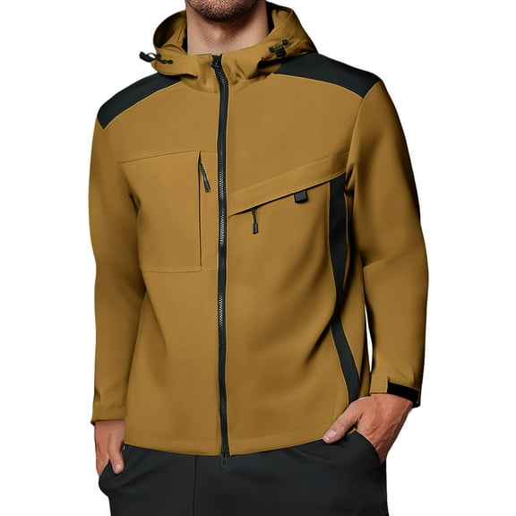 WTOBBY Men's Colorblock Waterproof Windbreaker Jacket for Outdoor - Hooded with Zip-Up, Multi-Pockets,Ideal for Hiking, Wind Protection, and Stylish Casual Wear,Brown 2XL