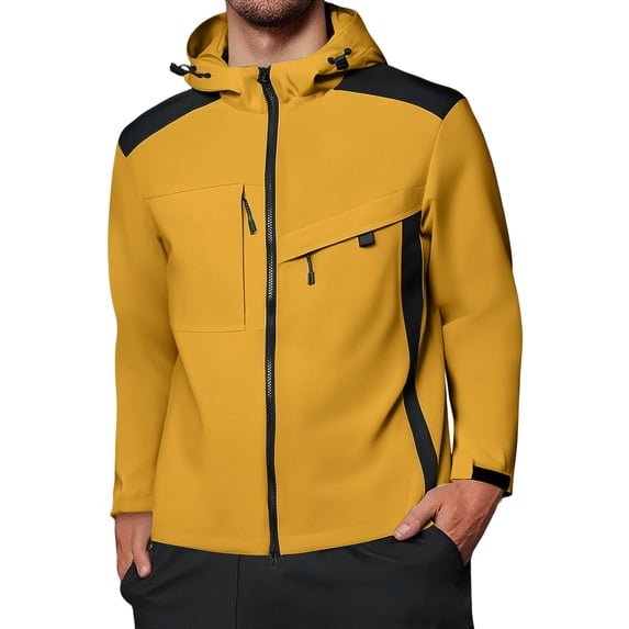 WTOBBY Men's Colorblock Waterproof Windbreaker Jacket for Outdoor - Hooded with Zip-Up, Multi-Pockets,Ideal for Hiking, Wind Protection, and Stylish Casual Wear,Earthy Yellow S