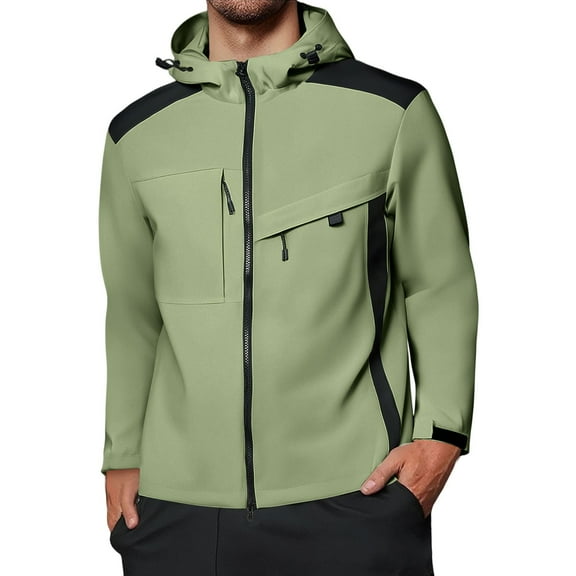 WTOBBY Men's Colorblock Waterproof Windbreaker Jacket for Outdoor - Hooded with Zip-Up, Multi-Pockets,Ideal for Hiking, Wind Protection, and Stylish Casual Wear,Gray XL