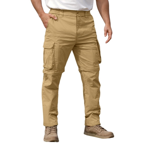 WTOBBY Men's Convertible Hiking Pants Elastic Waist Lightweight Multi-Pocket Cargo Trousers Detachable for Outdoor Camping Trekking Casual Wear Quick Dry Men's Pants,Khaki S