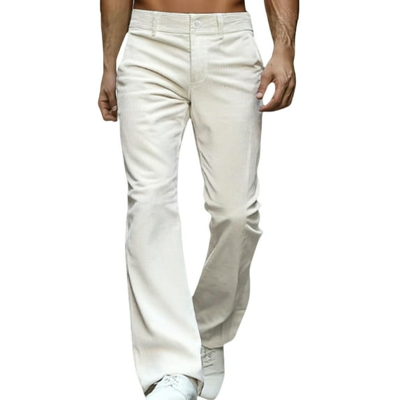 WTOBBY Men's Corduroy Bell Bottom Pants Relaxed Vintage Casual 70s Style Stretch Slim Fit Classic Disco Trendy Flared Men's Trousers,White 2XL