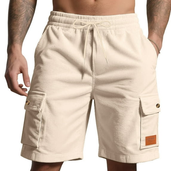 WTOBBY Men's Corduroy Cargo Bermuda Shorts with Elastic Drawstring Waist, Outdoor Athletic Loose Fit for Summer Sports Activities ,Beige M