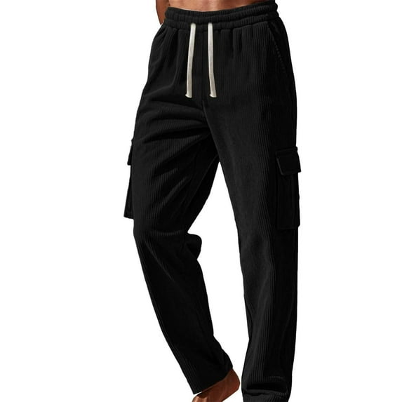 WTOBBY Men's Corduroy Casual Pants Loose Fit Wide Leg Work Trousers with Multi-Pockets - Four Seasons Lightweight Breathable Overalls Design for Comfort Daily Wear Activities,Black L
