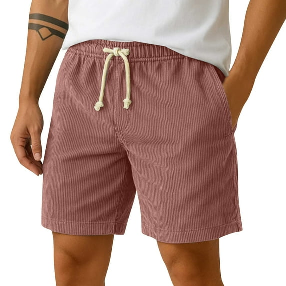 WTOBBY Men's Corduroy Elastic Waist Drawstring Casual Shorts, Lightweight Beach Pants for Summer Outdoor Sports Comfortable Loose Fit Breathable Utility Shorts,Red 3XL