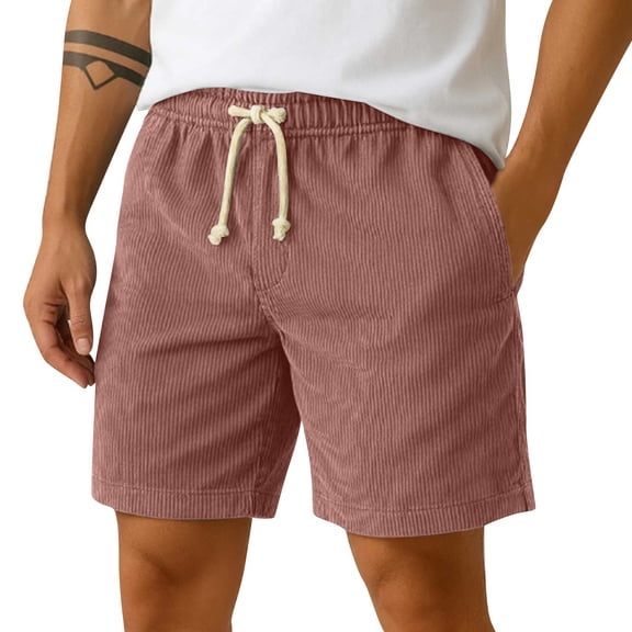 WTOBBY Men's Corduroy Elastic Waist Drawstring Casual Shorts, Lightweight Beach Pants for Summer Outdoor Sports Comfortable Loose Fit Breathable Utility Shorts,Red M