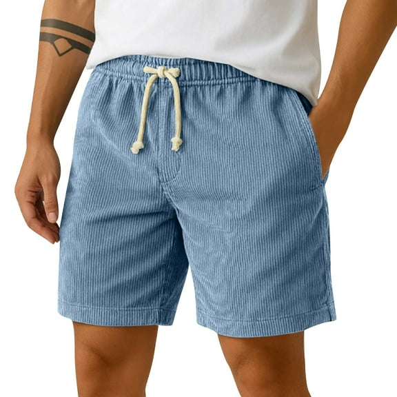 WTOBBY Men's Corduroy Elastic Waist Drawstring Casual Shorts, Lightweight Beach Pants for Summer Outdoor Sports Comfortable Loose Fit Breathable Utility Shorts,Sky Blue M