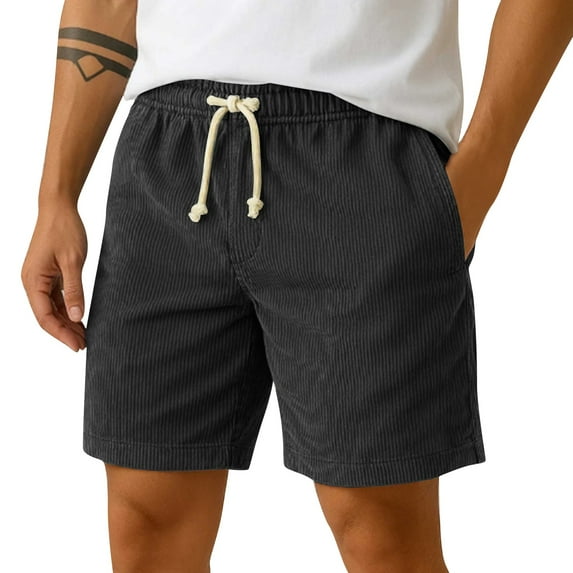 WTOBBY Men's Corduroy Elastic Waist Drawstring Casual Shorts, Lightweight Beach Pants for Summer Outdoor Sports Comfortable Loose Fit Breathable Utility Shorts,Black L