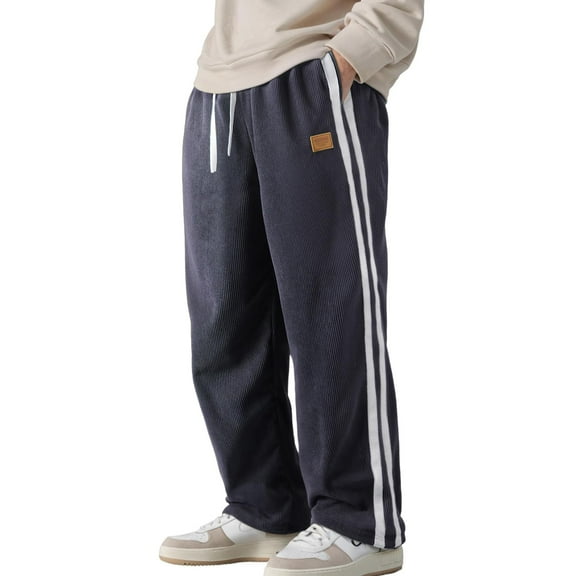WTOBBY Men's Corduroy Ribbed Baggy Sweatpants with Side Stripes Wide Leg Cargo Pants Loose Fit Joggers Trousers Casual Trendy Men's Pants,Dark Gray S