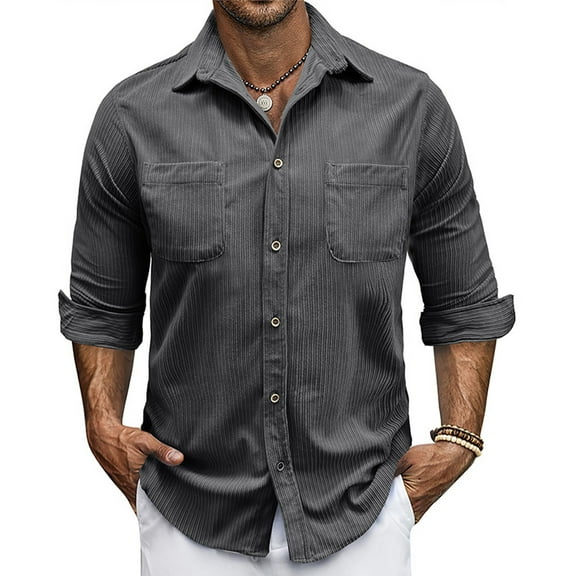 WTOBBY Men's Corduroy Shirt Long Sleeve Lapel Collar Textured Fabric Button Front Casual Fall Winter Workwear Business Casual Comfortable Daily Top,Dark Gray L