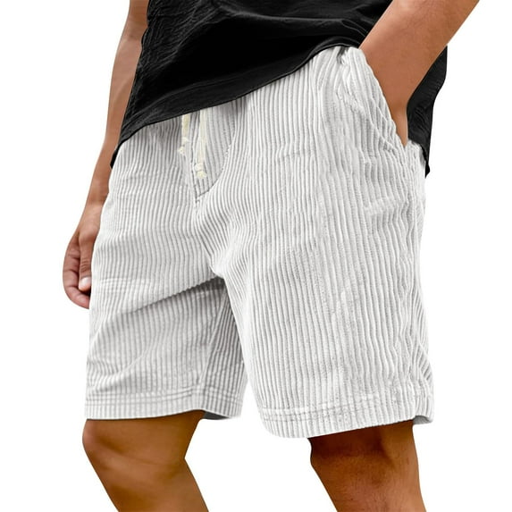 WTOBBY Men's Corduroy Trendy Casual Bermuda Shorts with Elastic Waist, Multi-Pocket Loose Fit for Street Style Outdoor,White L