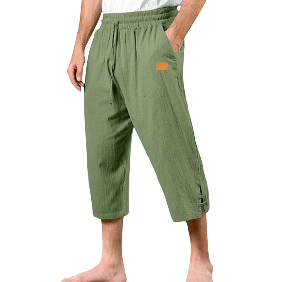 WTOBBY Men's Cotton Linen Beach Capri Pants, Casual Split Hem Solid Color for Vacation Comfort Daily Wear ,Army Green L