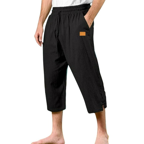 WTOBBY Men's Cotton Linen Beach Capri Pants, Casual Split Hem Solid Color for Vacation Comfort Daily Wear ,Black 3XL