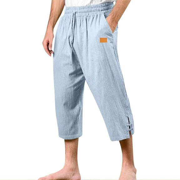 WTOBBY Men's Cotton Linen Beach Capri Pants, Casual Split Hem Solid Color for Vacation Comfort Daily Wear ,Light Blue M
