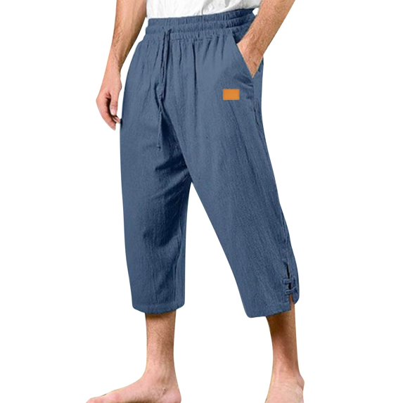 WTOBBY Men's Cotton Linen Beach Capri Pants, Casual Split Hem Solid Color for Vacation Comfort Daily Wear ,Navy L