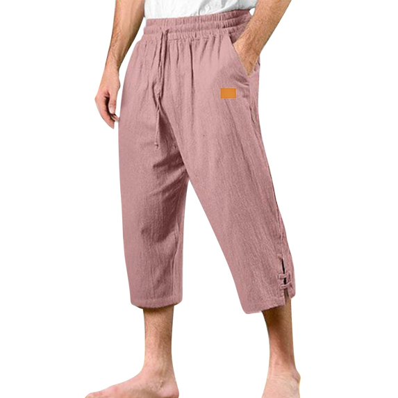 WTOBBY Men's Cotton Linen Beach Capri Pants, Casual Split Hem Solid Color for Vacation Comfort Daily Wear ,Pink 3XL
