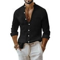 thumbnail image 1 of WTOBBY Men's Cotton Linen Blend Business Shirt Slim Fit Solid Color Stand Collar Long Sleeve Button Front Pocket Casual Office Breathable Top,Black L, 1 of 8