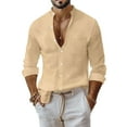 thumbnail image 1 of WTOBBY Men's Cotton Linen Blend Business Shirt Slim Fit Solid Color Stand Collar Long Sleeve Button Front Pocket Casual Office Breathable Top,Khaki S, 1 of 8