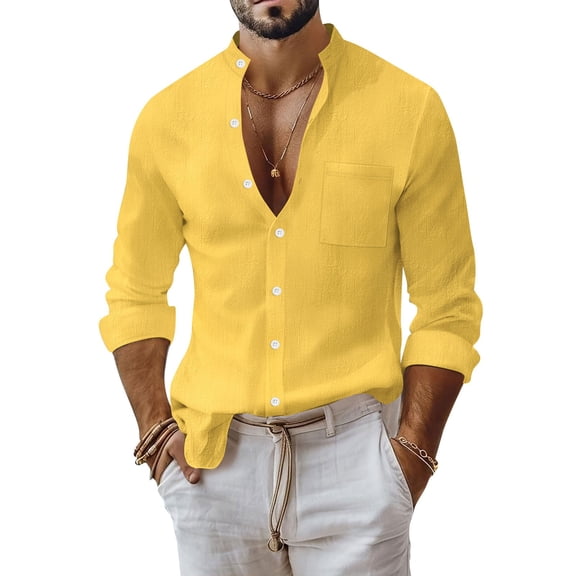 WTOBBY Men's Cotton Linen Blend Business Shirt Slim Fit Solid Color Stand Collar Long Sleeve Button Front Pocket Casual Office Breathable Top,Yellow S