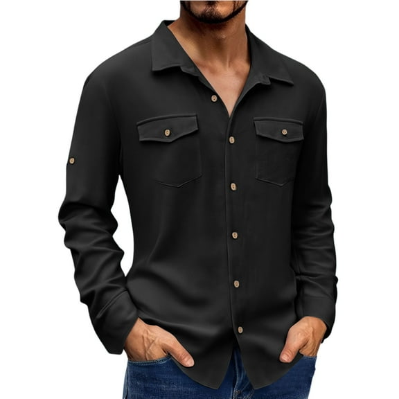 WTOBBY Men's Cotton Linen Blend Turn-Down Collar Button-Down Shirt Long Sleeve Solid Casual Business Relaxed Fit Double Pocket Breathable Summer Top,Black S