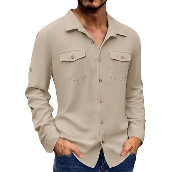 WTOBBY Men's Cotton Linen Blend Turn-Down Collar Button-Down Shirt Long Sleeve Solid Casual Business Relaxed Fit Double Pocket Breathable Summer Top,Khaki L