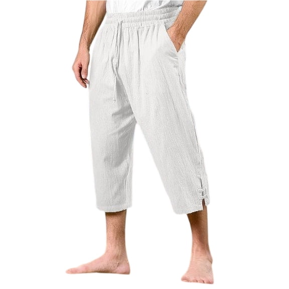 WTOBBY Men's Cotton Linen Cropped Beach Pants for Summer Vacation, Elastic Drawstring Waist with Quick-Dry Fabric and Comfortable Design for Swimming and Outdoor Activities ,White L