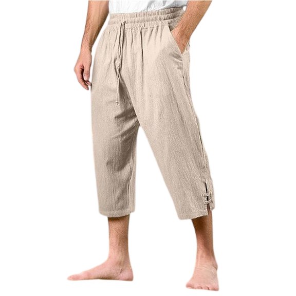 WTOBBY Men's Cotton Linen Cropped Beach Pants for Summer Vacation, Elastic Drawstring Waist with Quick-Dry Fabric and Comfortable Design for Swimming and Outdoor Activities ,Khaki M