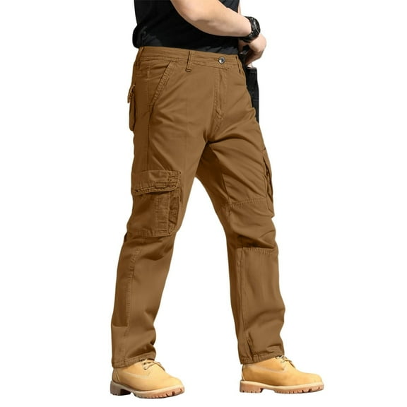 WTOBBY Men's Cotton Loose-Fit Cargo Pants ,Comfortable Straight-Leg Multi-Pocket Tactical Trousers, Soft Fabric for Casual and Outdoor Use,Earthy Yellow S