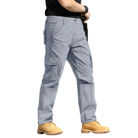 WTOBBY Men's Cotton Loose-Fit Cargo Pants ,Comfortable Straight-Leg Multi-Pocket Tactical Trousers, Soft Fabric for Casual and Outdoor Use,Light Gray S