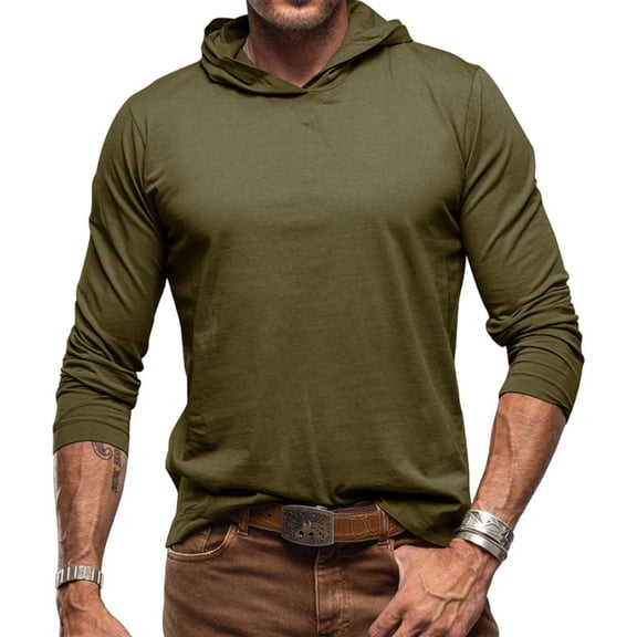 WTOBBY Men's Cotton Solid Color Hooded Long-Sleeve T-Shirt, Casual Base Layer Outdoor Top, Comfortable Daily Wear, Hoodie Style for Cool Weather,Army Green XL