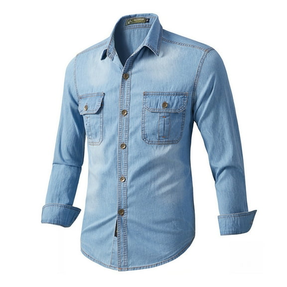 WTOBBY Men's Denim Shirt Long Sleeve Resort Wash Turn-Down Collar Button Front Casual Workwear Layering Piece Lightweight Jean Jacket Style Top,Light Blue XL