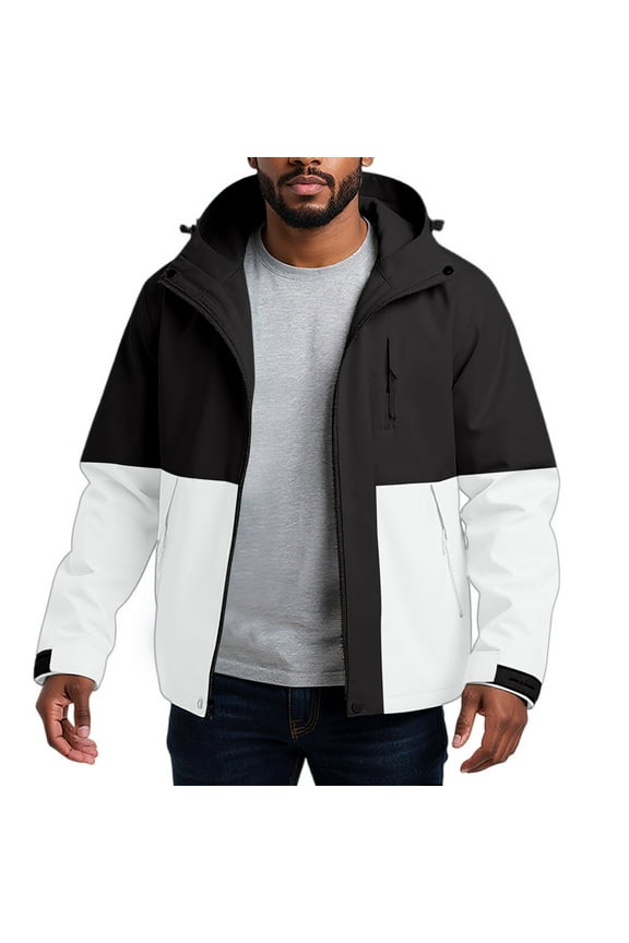 Men's Detachable Hood Outdoor Jacket, Water-Resistant Windbreaker with Zippered Pockets, Hiking Camping Gear for All Weather Conditions,Black L