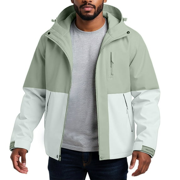 WTOBBY Men's Detachable Hood Outdoor Jacket, Water-Resistant Windbreaker with Zippered Pockets, Hiking Camping Gear for All Weather Conditions,Mint Green XL