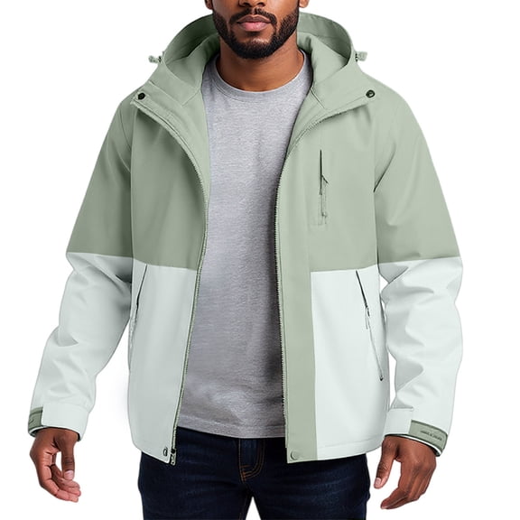 WTOBBY Men's Detachable Hood Outdoor Jacket, Water-Resistant Windbreaker with Zippered Pockets, Hiking Camping Gear for All Weather Conditions,Mint Green XL