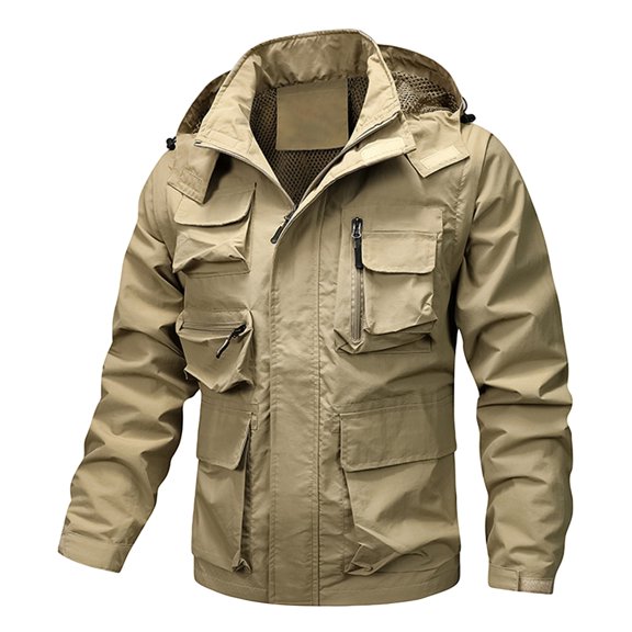 WTOBBY Men's Detachable Long Sleeve Work Jacket, Solid Color Zippered Pocket Design, Outdoor Casual and Hiking Use with Functional Storage Options,Khaki XL