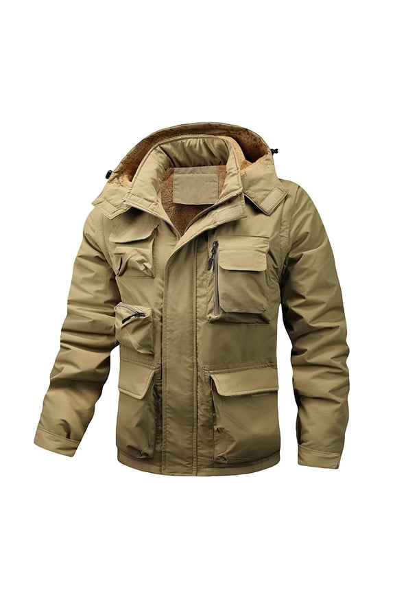 Men's Detachable Work Jacket, Solid Color Plush Lined Zippered Coat with Multiple Pockets, Outdoor Casual Long Sleeve Wear for All Seasons,Khaki L