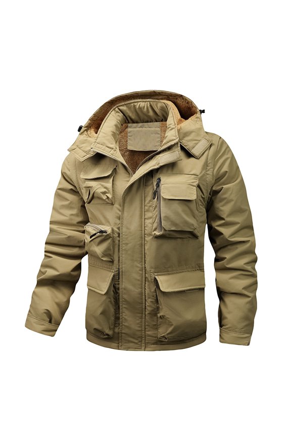 Men's Detachable Work Jacket, Solid Color Plush Lined Zippered Coat with Multiple Pockets, Outdoor Casual Long Sleeve Wear for All Seasons,Khaki M