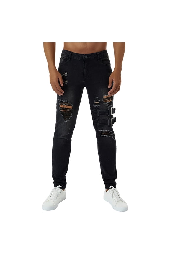 Men's Distressed Ripped Hole Washed Jeans Solid Color Slim Fit Denim Pants - Gradient Frayed Casual Trousers Design for Urban Streetwear Style Expression Quality,Black S