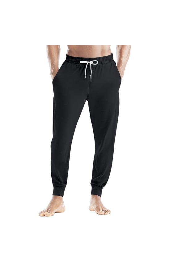 Men's Drawstring Cuffed Casual Pants with Pockets, Soft Home Sleep Pajama Bottoms for Lounging and Relaxation, Comfortable Fit,Black L
