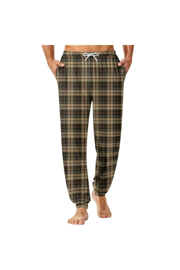 Men's Drawstring Cuffed Lounge Pants with Pockets, Comfortable Home Sleep Pajama Bottoms for Men, Soft Casual Wear for Relaxing,Brown L