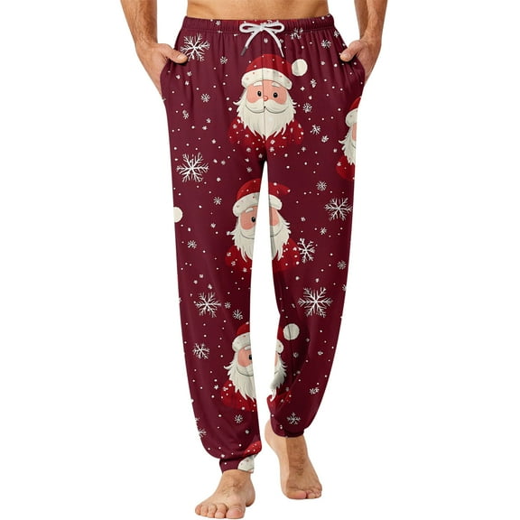 WTOBBY Men's Drawstring Pocket Cuffed Casual Pants, Christmas Print, Home Sleep Pants for Festive Lounge and Comfortable Wear, Soft and Cozy,Hot Pink L
