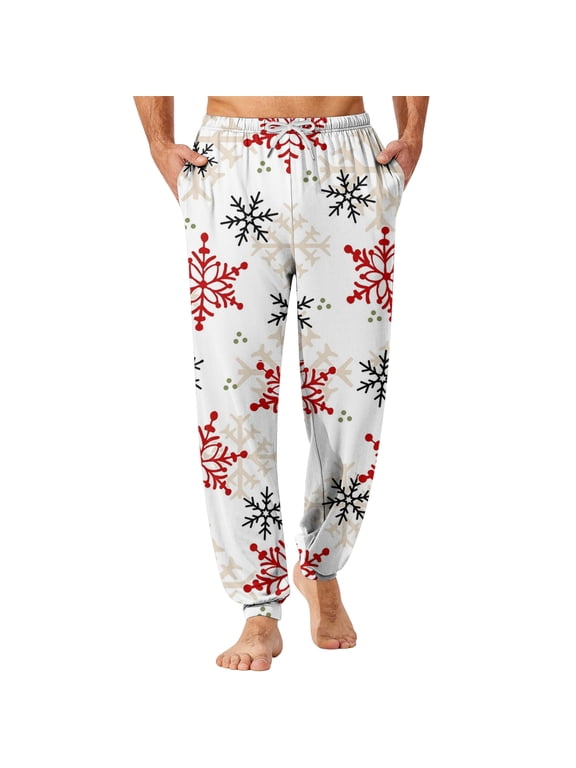 Men's Drawstring Pocket Cuffed Casual Pants, Christmas Print, Home Sleep Pants for Festive Lounge and Comfortable Wear, Soft and Cozy,White M
