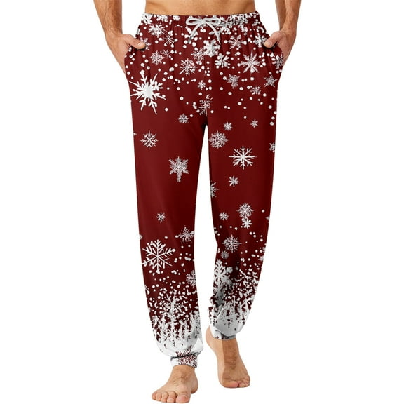 WTOBBY Men's Drawstring Pocket Cuffed Casual Pants, Christmas Print, Home Sleep Pants for Festive Lounge and Comfortable Wear, Soft and Cozy,Wine L