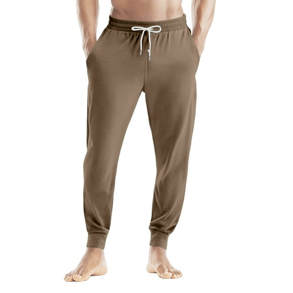 WTOBBY Men's Drawstring Pocket Cuffed Casual Pants Home Sleep Pants Comfortable Soft Lounge Wear Elastic Waist Men's Trousers,Light Brown M