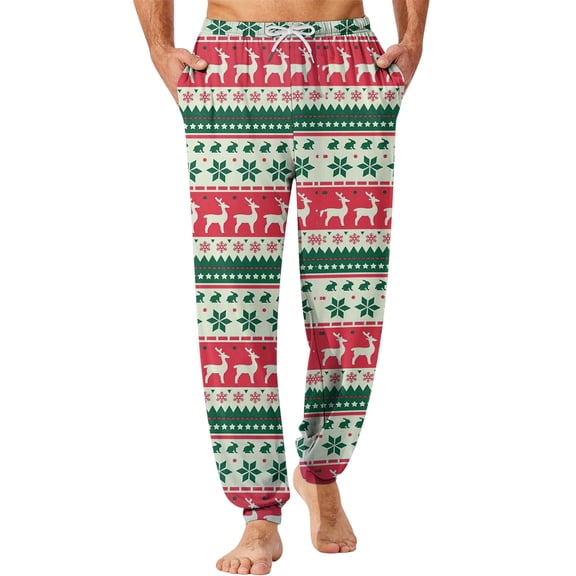 WTOBBY Men's Drawstring Pocket Cuffed Casual Pants Home Sleep Pants with Christmas Print Comfortable Soft Lounge Men's Trousers,Beige M