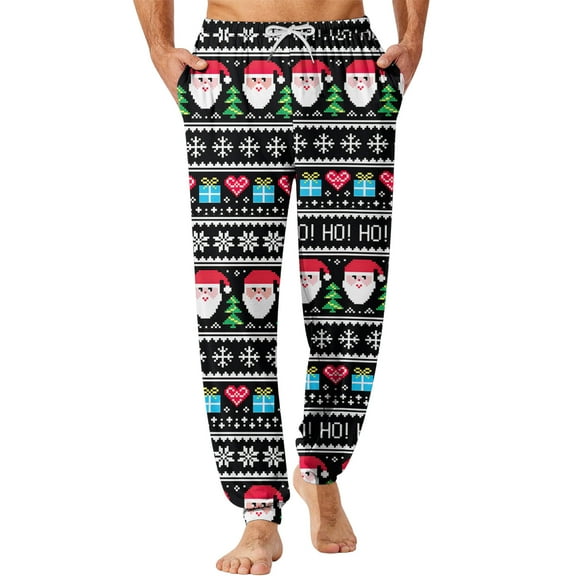 WTOBBY Men's Drawstring Pocket Cuffed Casual Pants Home Sleep Pants with Christmas Print Comfortable Soft Lounge Men's Trousers,Hot Pink M