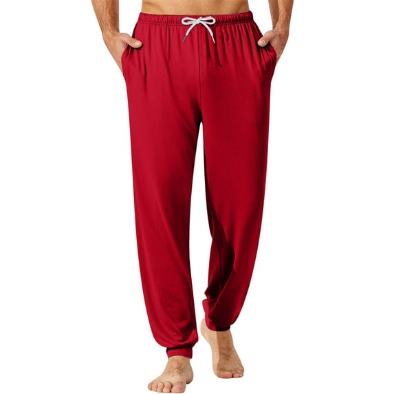 WTOBBY Men's Elastic Waist Drawstring Pocket Cuffed Casual Pants for Home Sleep Comfortable Soft Lounge Men's Pajama Trousers,Red XL
